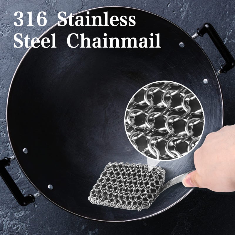 Herda Cast Iron Scrubber Brush with Handle Cast Iron Cleaner Chainmail Scrubber + Pan Scraper, 316 Chain Maille to Clean Pan Pot Skillet Grill Griddle Metal Scrub Wok Scrub Carbon Dutch Oven Carbon Cleaning - Image 5